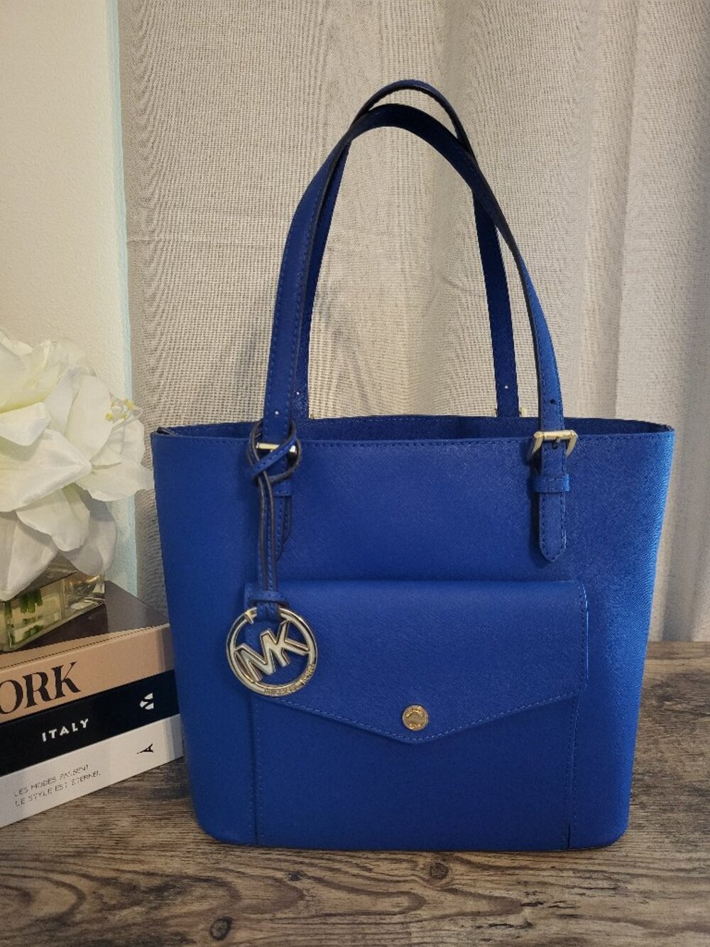 Michael Kors Large Saffian Leather Jet Set Snap Pocket Tote
